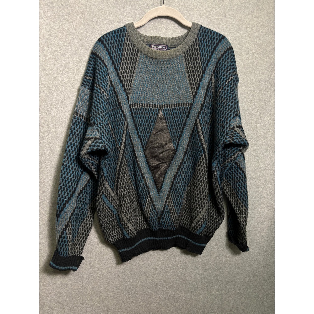 Vintage Barnaby Geometric Knit Sweater Men's XL‎ Leather Patch Grandpa Core 90s